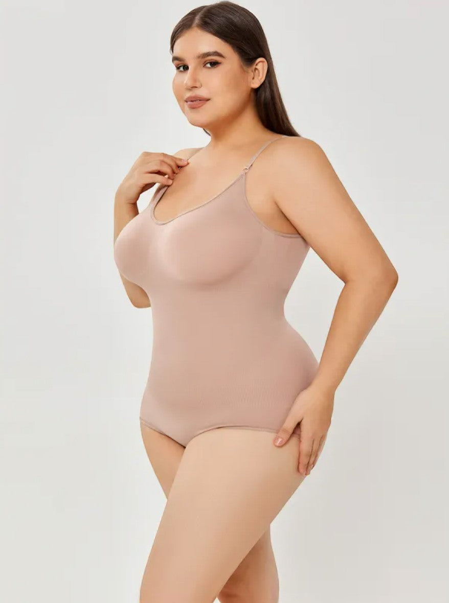 Model wearing a Brileh Shapewear apricot full-bust tummy control bodysuit with a seamless nylon and spandex design.