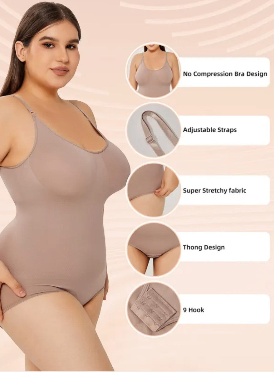Brileh Shapewear apricot full-bust tummy control bodysuit with adjustable straps and seamless thong design