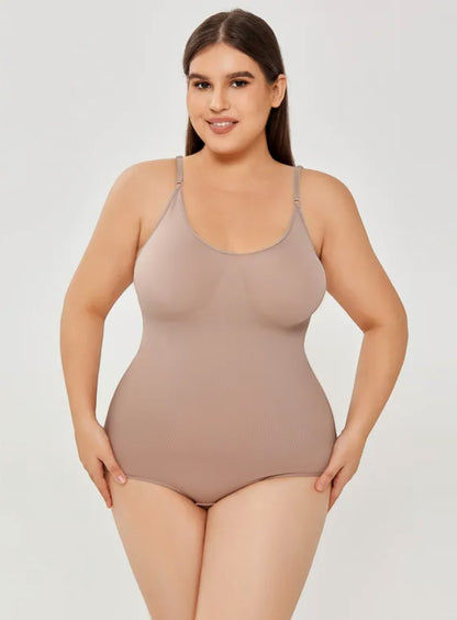 Model wearing a Brileh Shapewear apricot full-bust tummy control bodysuit with a seamless, stretchy nylon design.