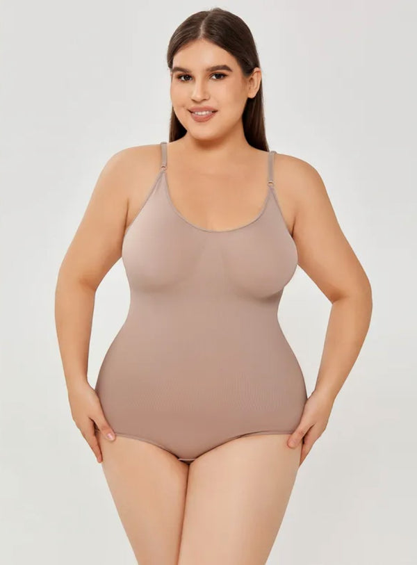 Model wearing a Brileh Shapewear apricot full-bust tummy control bodysuit with a seamless, stretchy nylon design.