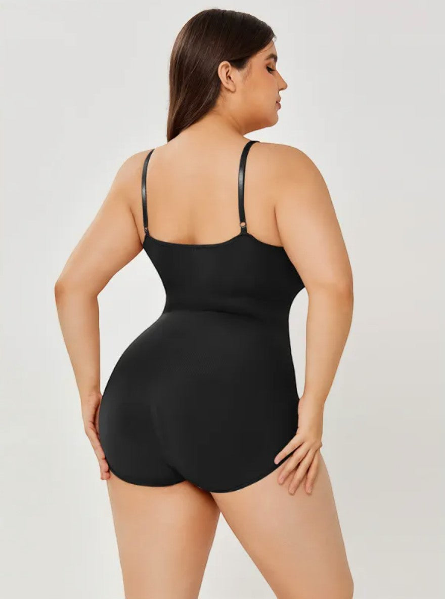 Brileh Shapewear black seamless full-bust tummy control bodysuit worn by a model, back view.