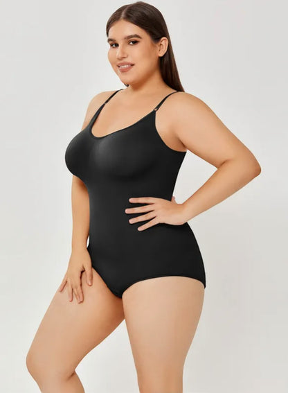 Brileh Shapewear black full-bust tummy control bodysuit with adjustable straps on a model for a smooth silhouette
