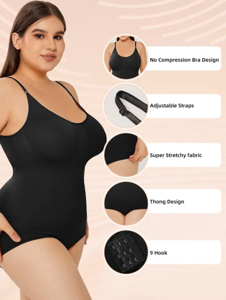 Brileh Shapewear black full-bust tummy control bodysuit with adjustable straps and thong back on a model