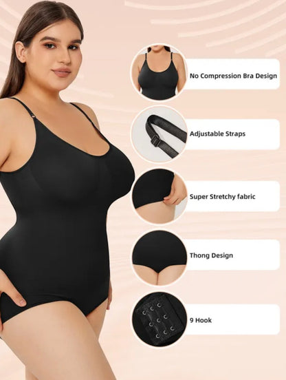 Brileh Shapewear black full-bust tummy control bodysuit with adjustable straps and thong back on a model