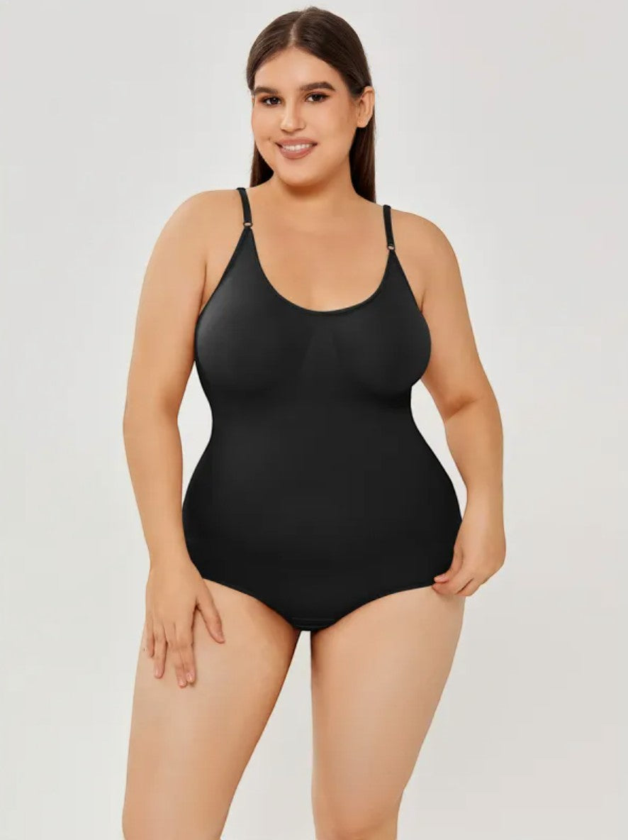 Model wearing a black Brileh Shapewear full-bust tummy control bodysuit with a seamless nylon and spandex design.
