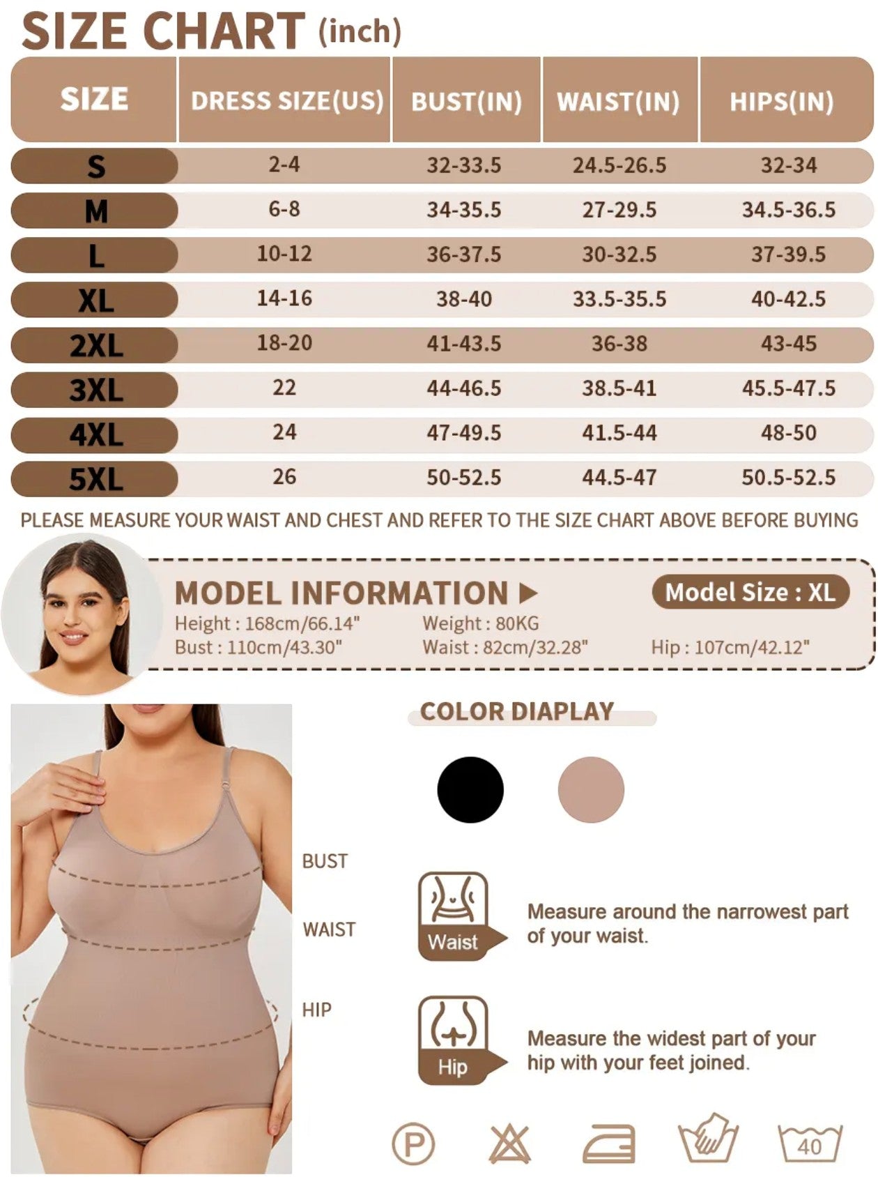 Brileh Shapewear size chart for full-bust tummy control bodysuit with model measurements and color options