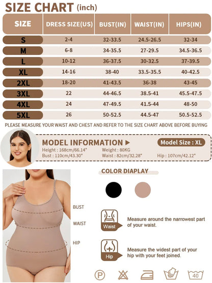 Brileh Shapewear size chart for full-bust tummy control bodysuit with model measurements and color options